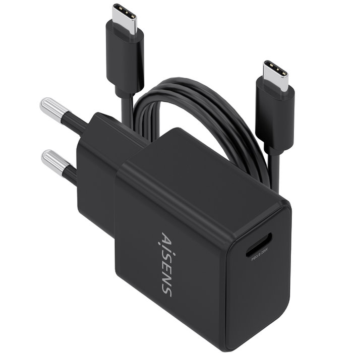 Aisens Cargador GaN USB-C 20W con Cable USB-C 1m Negro